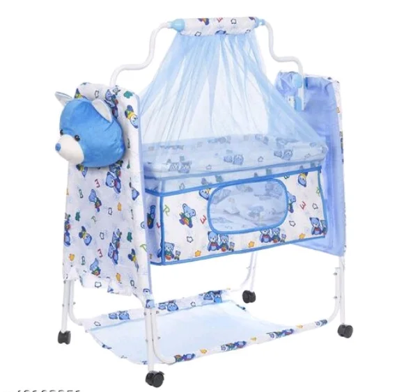 Cozy New Born Baby Cradle, Swing, Jhula,Palna, Bedding, Bed, Crib, Bassinet with Mattress, Pillow, Mosquito Net for 0-9 Months (Blue) - Free Size, Blue, Cradle Material :Cotton, Jhula, Multipack 1